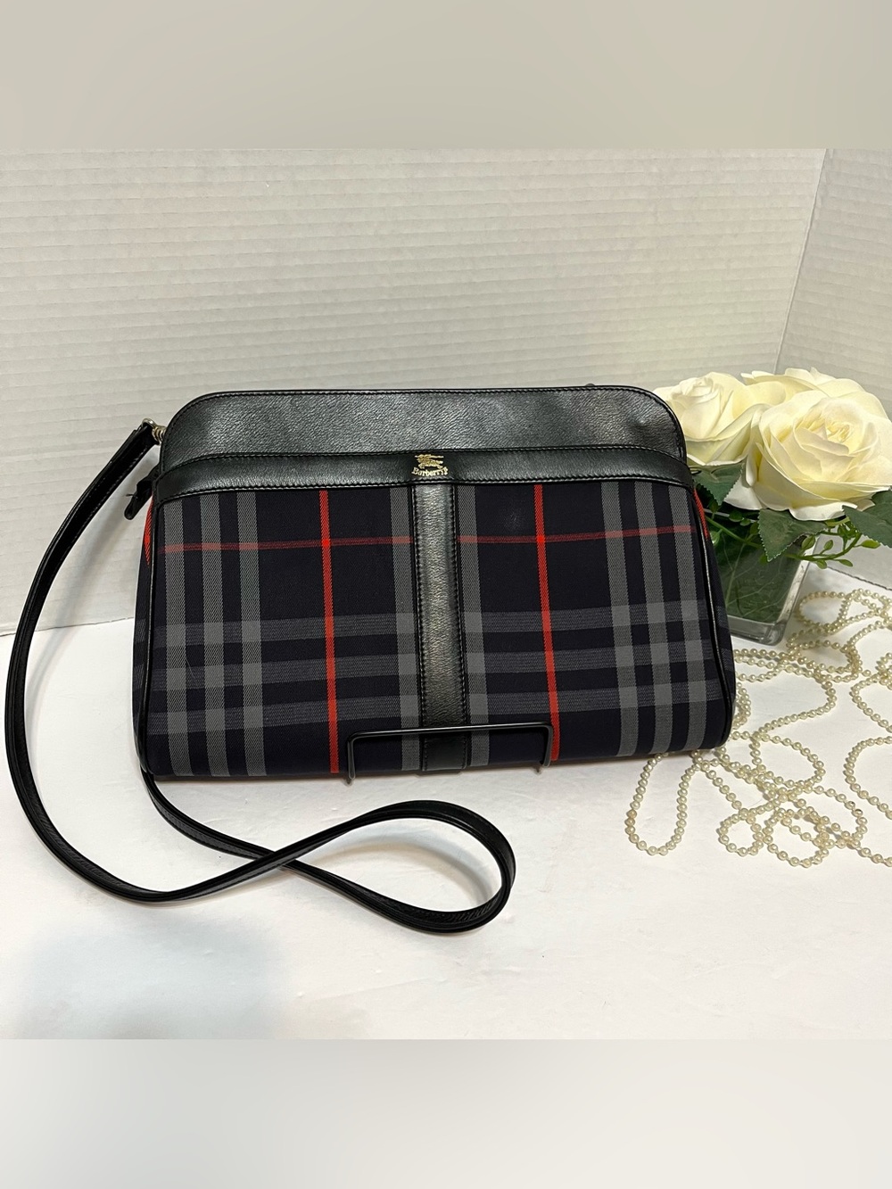 Burberry Navy Blue & Red House Check Plaid Black Leather Crossbody Bag